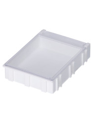 Skrzynka z przegródkami l. przedziałów: 1 szerokość: 63mm wysokość: 21mm głębokość: 85.3mm Przezroczysty, Biały