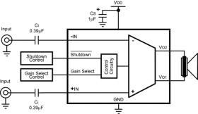 1.3-W, mono, analog input Class-D audio amp with selectable gain