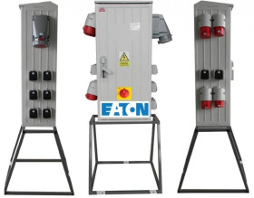 Rozdzielnica elektryczna budowlana na stojaku (8x2P+Z, 2x16A/5P, 2x32A/5P, 1x63A/5P) + rozłącznik, RB40x80-K160-01228Z-P0-R