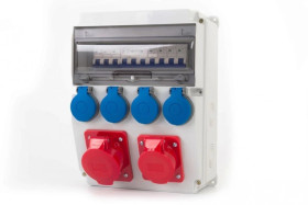 Rozdzielnica CAJA 12M - gniazda 16A 5p, 32A 5p, 4x230V + zabezpieczenia (MCB 3P C32A, 3P C16A, 1P B16Ax4 ) IP44