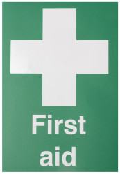 Znak pierwszej pomocy, Poliester winylowy, Green, White, Tekst: "First Aid , Angielski, Apteczka, Znak