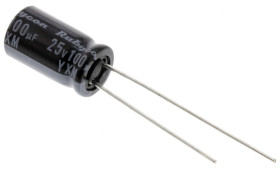 Kondensator 100μF 25V dc Radialny, Otwór przelotowy Rubycon roztaw: 2.5mm 6.3 (Dia.) x 11mm