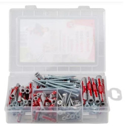 MIX Kołki rozporowe uniwersalne w pudełku DuoPower 6x30, 6x50, 8x40, 8x65 z wkrętem z łbem stożkowym PZ 150 elementów PROFI-BOX