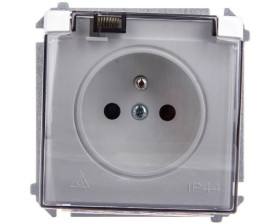 Simon Basic Gniazdo bryzgoszczelne z/u IP44 z przesłoną torów i klapką dymną białe BMGZ1Bz.01/11a