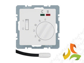BERKER Q.1/Q.3/Q.7 Regulator temperatury podłogowej z wyłącznikiem stykiem zwiernym i 2 diodami LED biały aksamit 20346089 HAGER