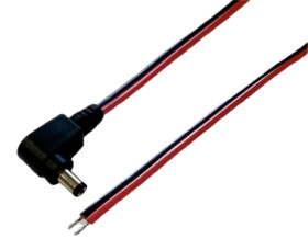 DC connection cable, 500 mm, red/black, plug 2.1 x 5.5 mm, angled to open end, 075148