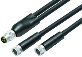 Sensor actuator cable, M8-cable plug, straight to 2 x M8 cable socket, straight, 4 pole/2 x 3 pole, 1 m, PUR, black, 2 A, 77 980