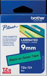 TZE-721 Laminated labelling tape, black on green, 9 mm