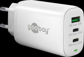 65408 USB charger, 65 W, 1x USB-A (QC), 2x USB-C (PD), GaN, white