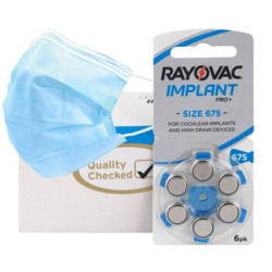 60 x baterie do aparatów słuchowych Rayovac 675 IMPLANT PRO+ + 3x jednorazowa maseczka 3-warstwowa chirurgiczna