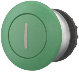 Mushroom pushbutton, unlit, groping, waistband round, green, front ring silver gray, mounting Ø 22.5 mm, 216722