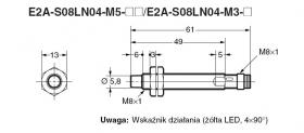 E2A-S08LN04-M5-B2, Czujnik indukcyjny, M8x1, PNP/NC, sr=4mm złącze M8x1, dł. obudowy 65mm, czoło odkryte, obudowa ze stali szlac