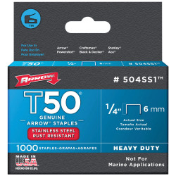 Arrow A504SS1 T50 Staples Stainless Steel 504SS 6mm (1/4in) Box 1000