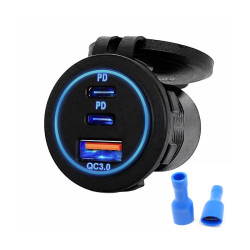 ŁADOWARKA MONTAŻOWA 2xUSB-C PD 45W 1xUSB 18W QC3.0 niebieski LED 12V/24V