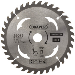 Draper 26013 TCT Cordless Construction C/Saw Blade-Wood-Composites 165x20mm 36T