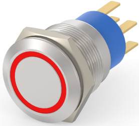 Vandal-proof pushbutton, 2 pole, silver, illuminated  (red), 0.4 A/250 VAC, mounting Ø 19.2 mm, IP67, 4-2213767-6