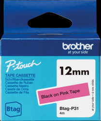 BTAGP31 Labelling tape, black on pink, 12 mm, Btag
