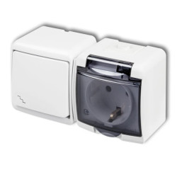 JUNIOR Łącznik schodowy + gniazdo hermetyczne SCHUKO (klapka dymna) biały WGHH-3sd