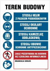 ZNAK - OI003 Teren budowy, Stosuj hełm z paskiem podbródkowym, Stosuj okulary ochronne, Stosuj kamizelkę odblasko 70 x 105 cm FN