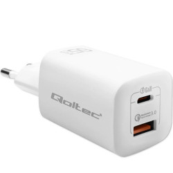 Qoltec Ładowarka sieciowa 65W GaN ULTRA 5-20V 2.25-3.25A 1 x USB typ C PD 1 x USB QC 3.0 Laptop Smartfon Biała