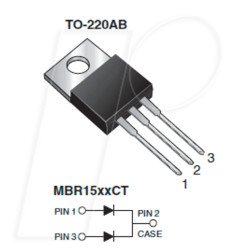 MBR1560CT-E3/45 Dual Schottky diode, common cathode, 60V, 15A, TO-220AB