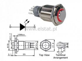 Przycisk stabilny 16mm wyst. LED czerw. 12V