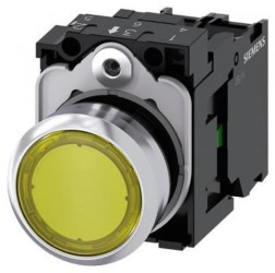 Przycisk podświetlany, 22 mm, okrągły, metalowy, błyszczący, żółty, ​​1 NO, moduł LED z wbudowaną diodą LED 24 V AC/DC, zacisk ś