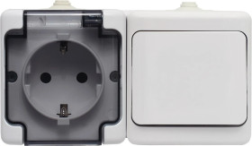 BRYZA Łącznik pojedynczy + gniazdo pojedyncze z/u Schuko IP54 z klapką dymną białe 181470