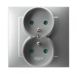 SZAFIR Gniazdo podwójne z uziemieniem z przesłonami torów prądowych, kompletne z ramką srebrny GP-2ZZP/18