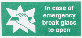 Znak, Poliester winylowy, Green, White, In Case Of Emergency Break Glass To Open-Tekst Angielski, Tak Znak