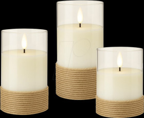 77773 Set of 3 LED real wax candles, white with hemp, warm white, time