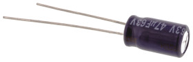 Kondensator 47μF 63V dc Radialny, Otwór przelotowy Panasonic roztaw: 2.5mm 6.3 (Dia.) x 11.2mm