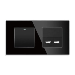Włącznik światła + moduł ładowarki USB (2 gniazda USB 2,4A) z ramką szklaną podwójną - czarny - Tawoia Glass