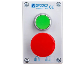 Kaseta sterownicza 2-otworowa zielony/przycisk grzybkowy czerwony 1Z 1R IP65 szara SP22K2\03-2