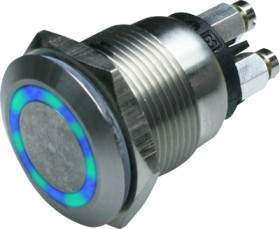 Vandal-proof pushbutton, 1 pole, green/blue, illuminated  (green/blue), 0.5 A/24 V, mounting Ø 19 mm, IP66, MPI002/TERM/D5