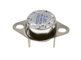 Termostat; bimetaliczny; KSD301A-A323v; NC; 100°C; 10A; 250V AC; metal fi 16x12mm z uchwytem ruchomym; konektory 6,3mm pionowe;