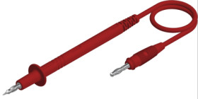 Measuring lead with (test probe, straight) to (4 mm plug, spring-loaded, straight), 1 m, red, PVC, 1.0 mm², CAT O, 934157101