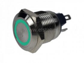 Przycisk wandal chwil.12mm nikiel, LED zielony 12V