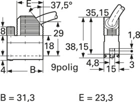 D-Sub connector housing, size: 1 (DE), angled 37.5°, cable Ø 4 to 8 mm, plastic, pebble gray, 1-1393738-0