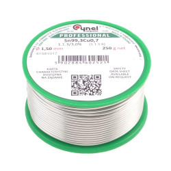 Cyna bezołowiowa fi1.50 250g Sn99,3Cu0,7 z topnikiem 1.1.3 MIEDŹ Pbf