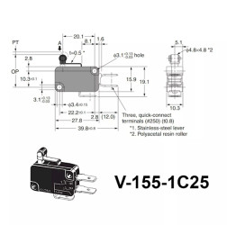 PRZEŁĄCZNIK MIKRO WYŁĄCZNIK KRAŃCOWY Z ROLKĄ V-155-1C25 L = 15mm SPDT