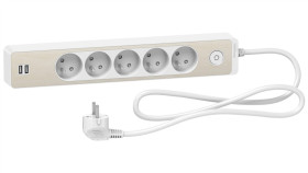 Odace Przedłużacz 5 Gniazdowy Z Łącznikiem 2X Usb, 1,5M Biały+Drewno Nordic...