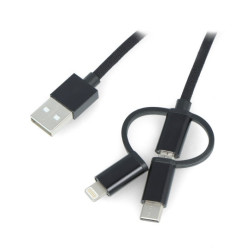 Przewód Lanberg Combo 3w1 USB typ A - microUSB + USB typ C 2.0 + lightning - czarny, oplot materiałowy - 1,8m