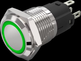 Vandal-proof pushbutton, silver, illuminated  (green), mounting Ø 16 mm, IP65/IP67, 82-4551.1134