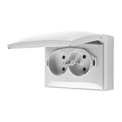 Simon Aquaclick Gniazdo IP44, podwójne kompaktowe z uziem., klapka w kolorze, z przesł. torów prąd. biały ACGZ2Z/11