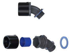 Łącznik do kanałów kablowych Flexicon gwint M32 34mm Kolanko 45° Nylon 66 IP66, IP67, IP68, IP69 Czarny, szary