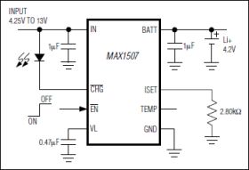 MAX1507 Linear Li+Battery Charger with Integrated FET and Programmable Thermal Regulation in 3x3mm, Thin DFN
