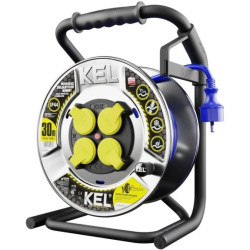 Przedłużacz budowlany zwijany na bębnie Rozgałęźnik Premium na 4 gniazda 2P+Z 230V IP44 na niebieskim kablu PUR (H07BQ-F) 3x2,5m