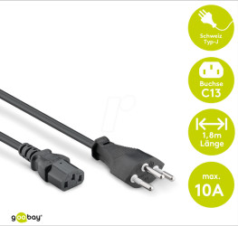 59569 Power cord, CH-plug type J SEV 1011, straight, 1.8 m, heavy, C13