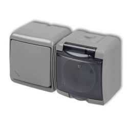 JUNIOR Łącznik schodowy + gniazdo hermetyczne (klapka dymna) popielaty 10WGHH-3dp